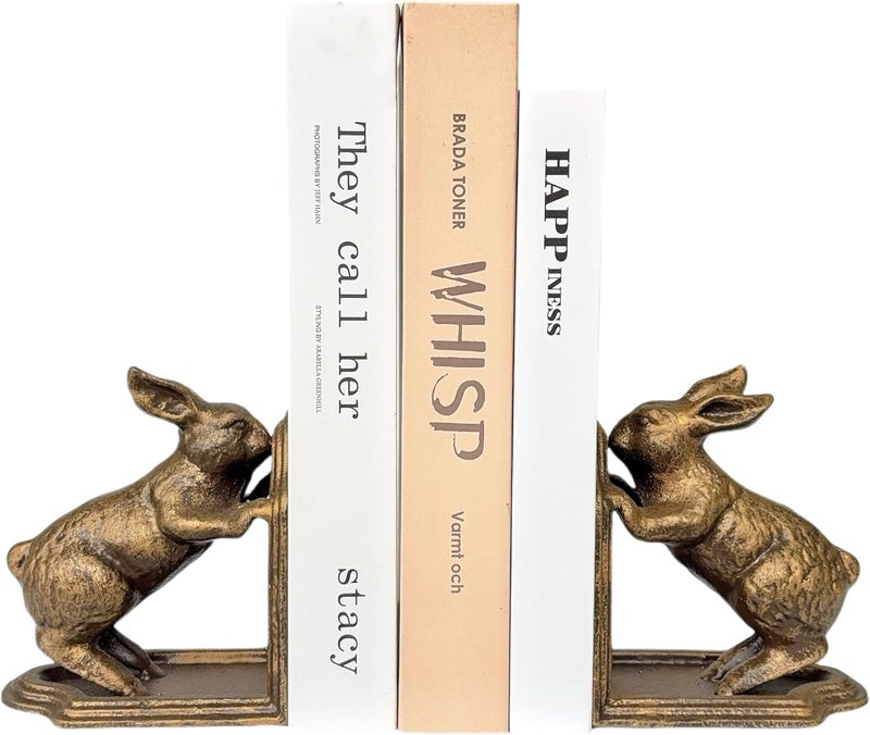 Remenna Decorative Bookends Antique Gold Bunny Book Ends, Heavy Duty Cast Iron Book Ends for Shelves,Unique bookends for Heavy Books, Vintage Decor 5.3 lbs - Image 1